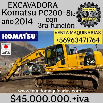 EXCAVADORA KOMATSU MODELO PC200-8 LC AÑO 2014 CON TERCERA FUNCIÓN